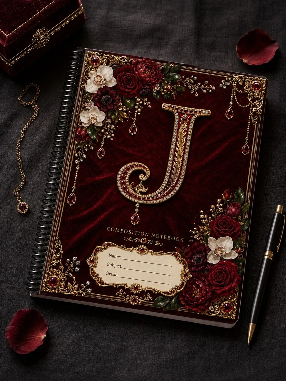 Monogram J Burgundy Floral Composition Notebook - Elegant Spiral Journal